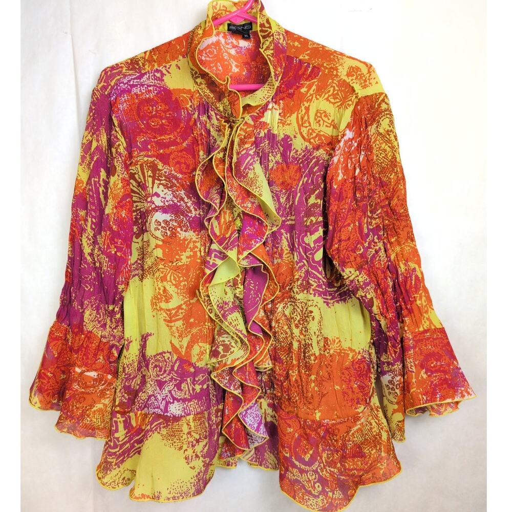 Vintage Piano ruffle front bell sleeve button up top Size XL Artsy Boho Hippie